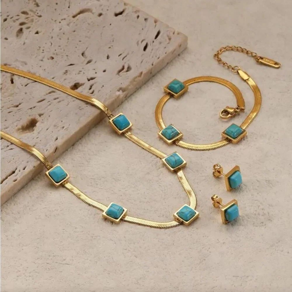 Square Gold and Turquoise Earrings A1614